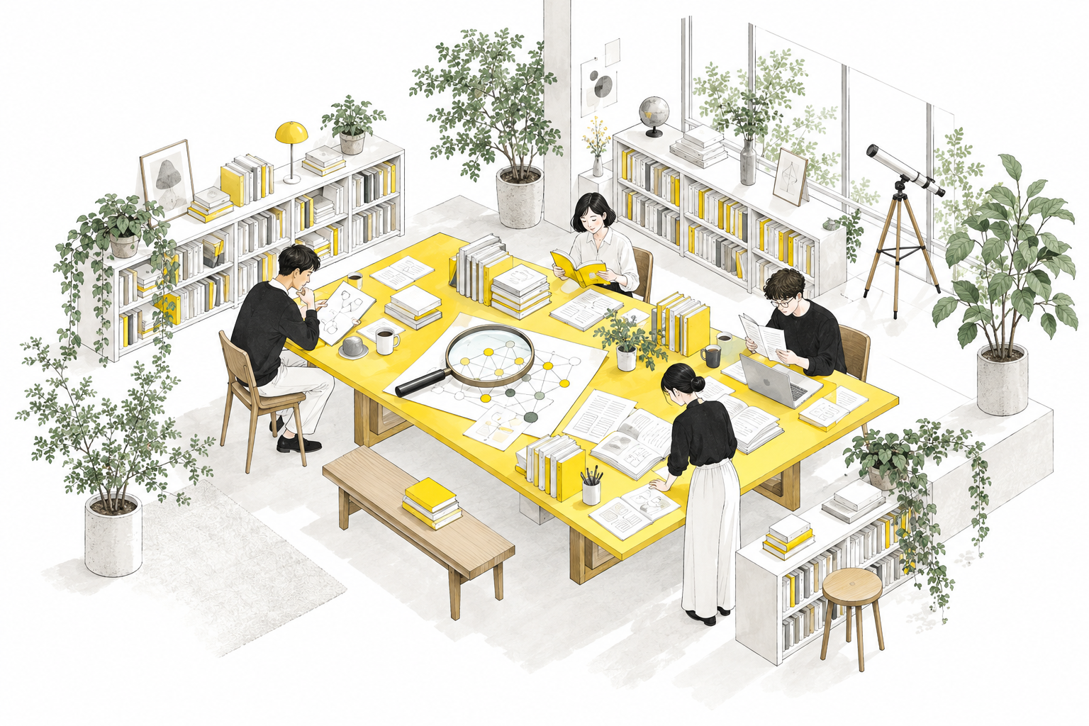 大きな虫眼鏡と本に囲まれた読書室で、論文を読み比べる人々